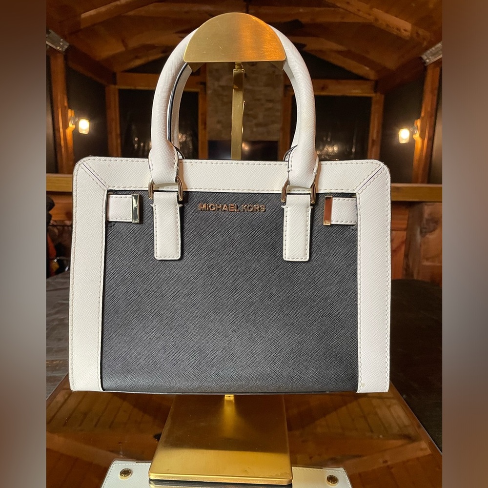 Michael Kors Dillon satchel in black and white saffiano leather